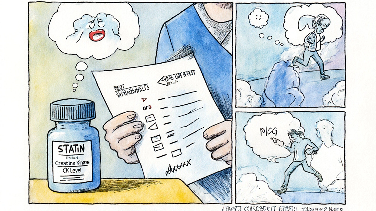 A doctor’s office scene with blood test results and placebo vs. statin thought bubbles.