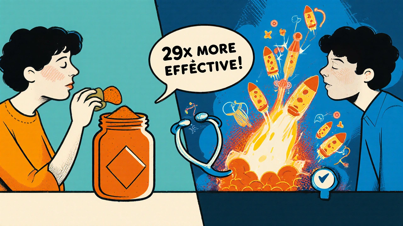 A split-panel cartoon showing poor absorption of plain turmeric versus powerful delivery of Meriva® with molecular bursts and medical symbols.
