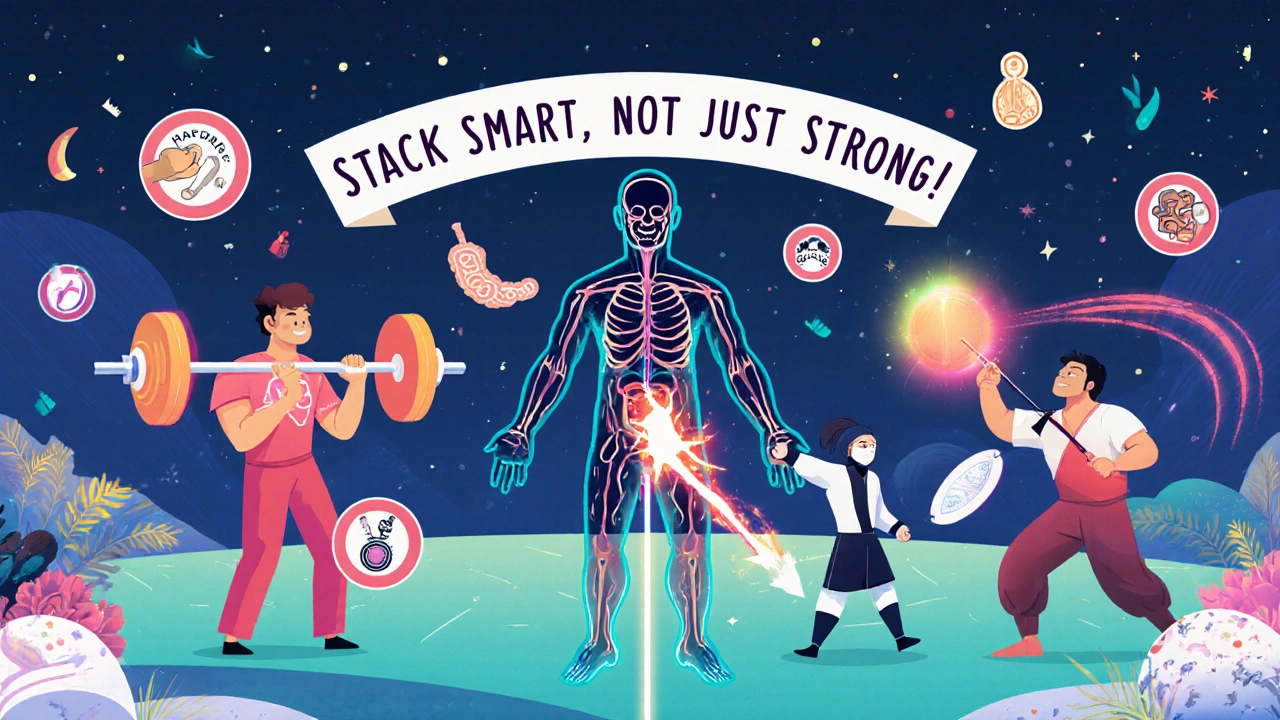 A team of supplement characters working together to combat pain and inflammation in a stylized human body landscape with dynamic action lines.