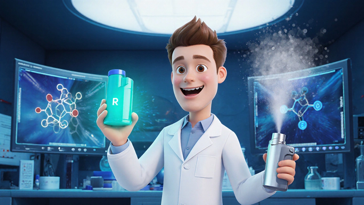 Animated scientist shows levo‑salbutamol R‑enantiomer vs racemic albuterol molecules.