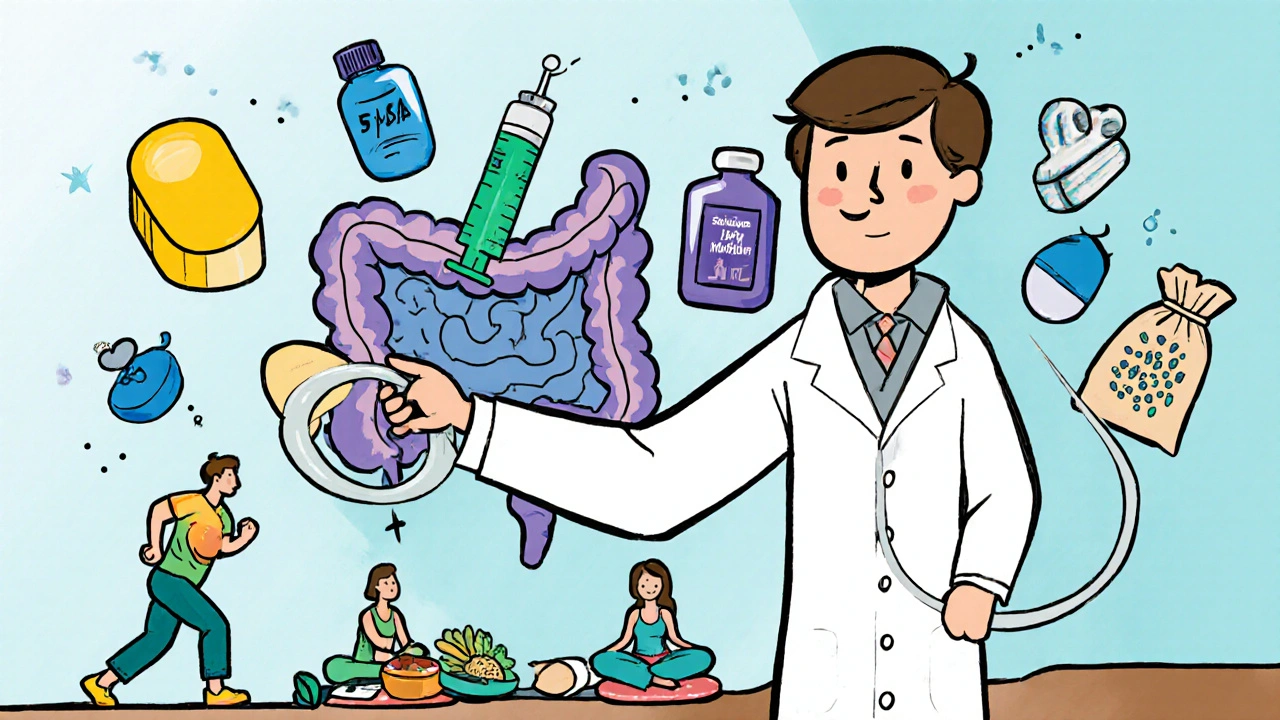 Cartoon doctor with colonoscopy scope surrounded by treatment icons and lifestyle symbols.