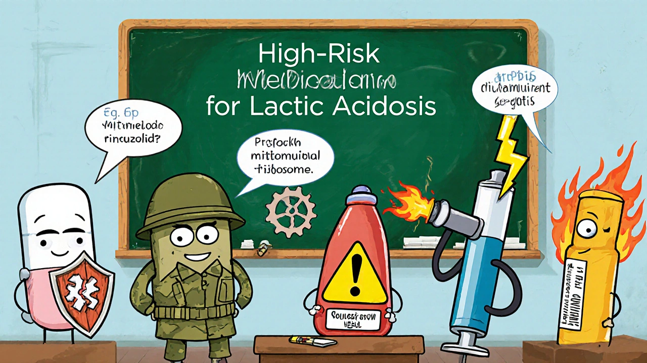 Cartoon drug characters explain their role in causing lactic acidosis on a chalkboard.