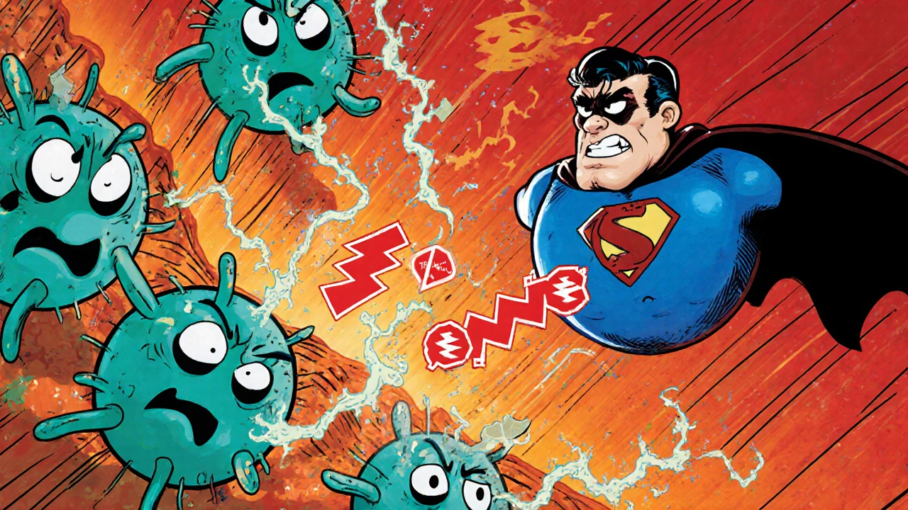 Cartoon fibroblasts blocked by a heroic pirfenidone molecule inhibiting TGF‑beta.