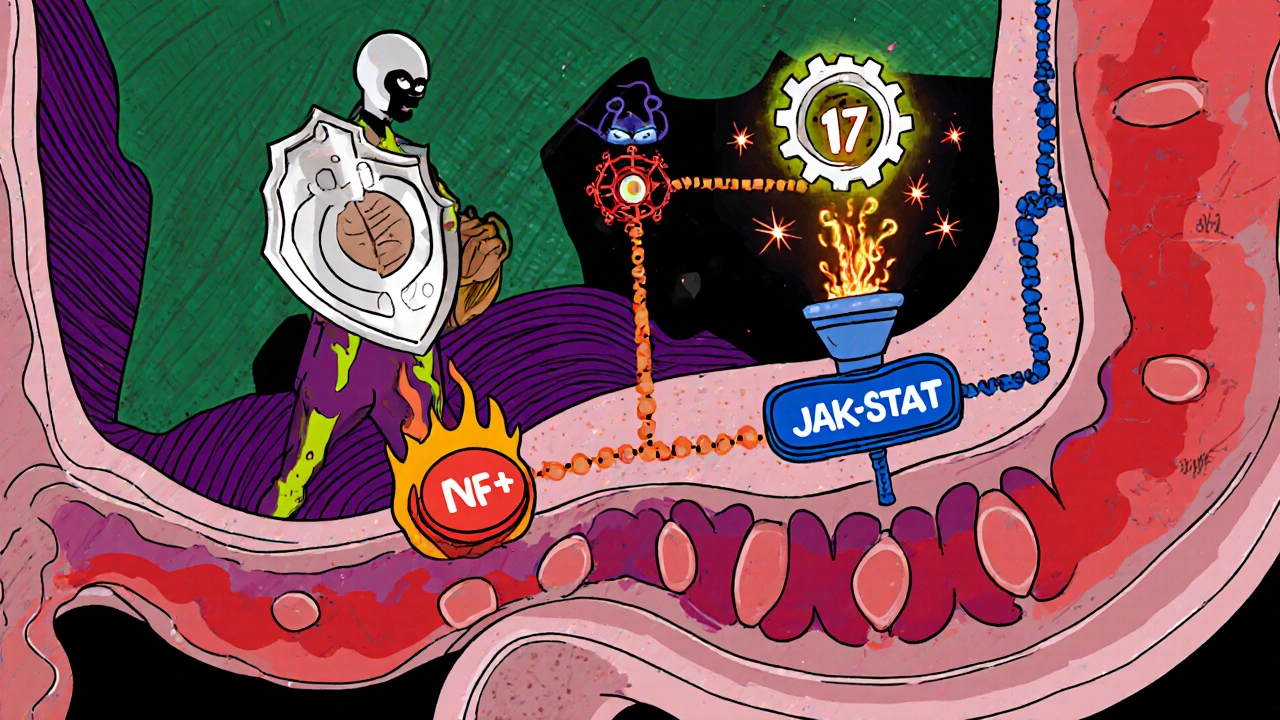 Cartoon panel illustrating NF‑κB, JAK‑STAT, and Th17 pathways with cytokine symbols in a gut.