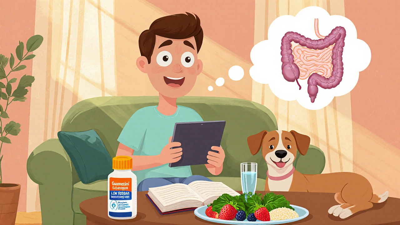 Cartoon person logging symptoms, drinking water, and eating low‑FODMAP foods.