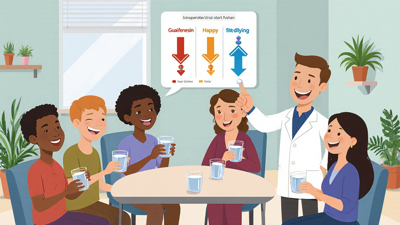 Cartoon study participants smiling with tablets and a floating symptom relief chart.
