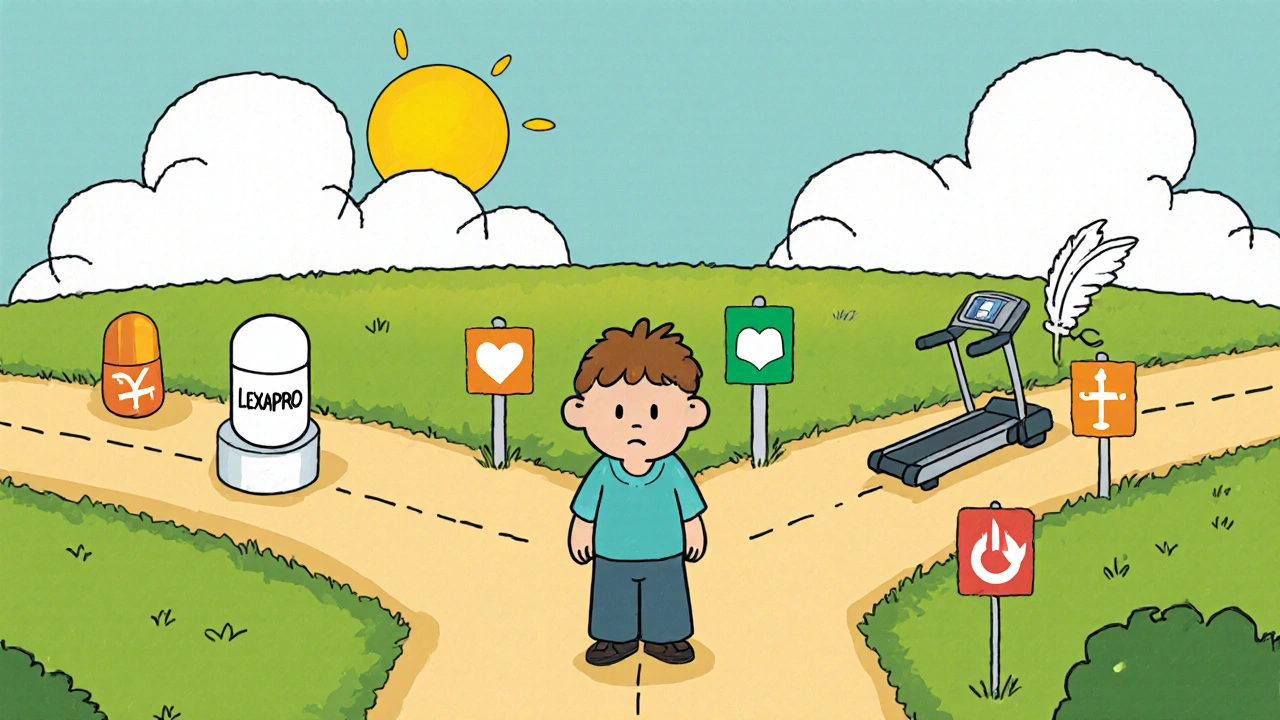 Character at a crossroads with different pill icons representing various antidepressant options.