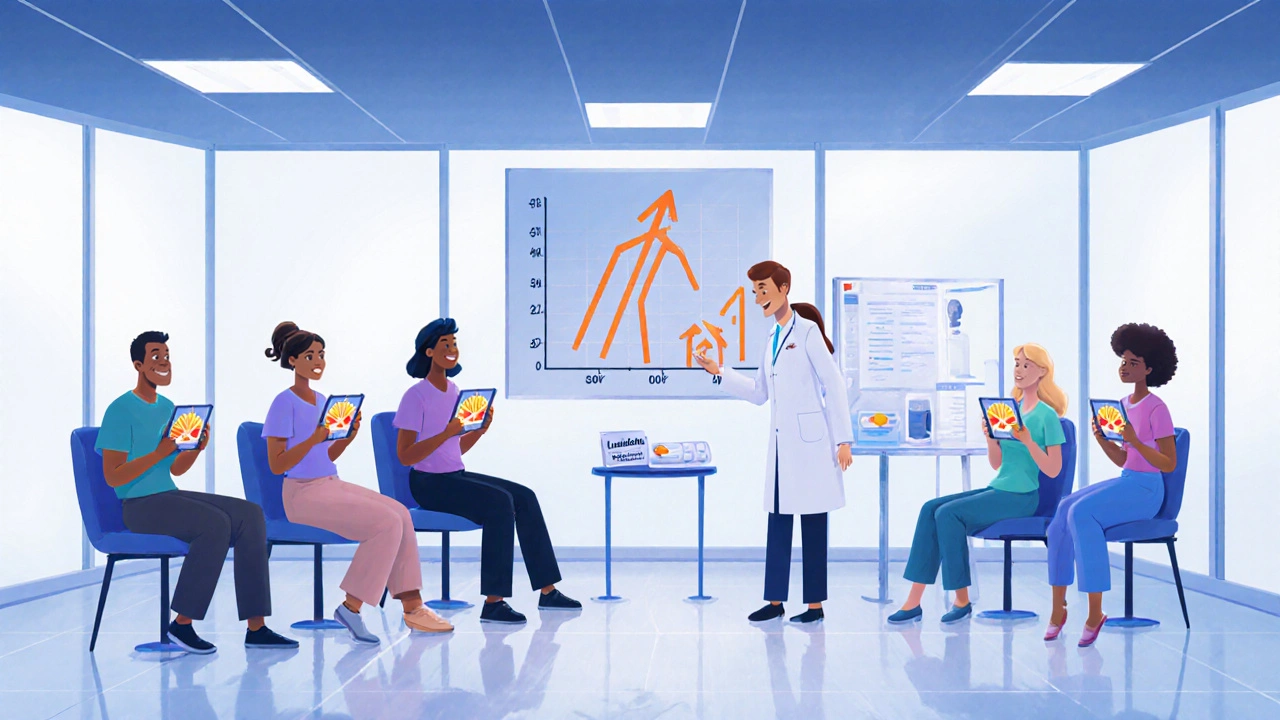 Clinic scene with patients viewing rising social functioning meters and a scientist beside a chart.