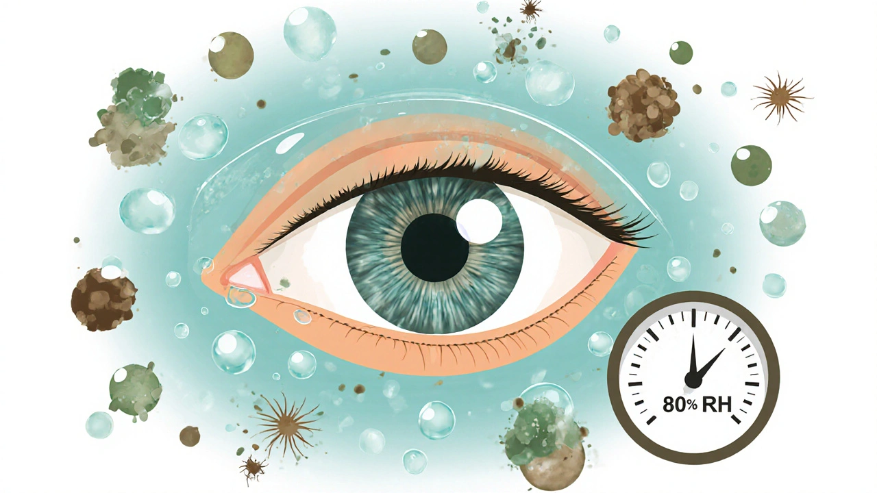Close‑up view of eye tear film layers with pollen and mold spores suspended in humid air.