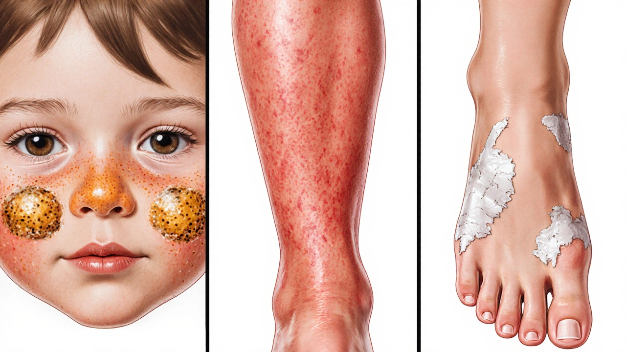 Close-ups of impetigo crust on cheek, cellulitis swelling on leg, and athlete&#039;s foot between toes.