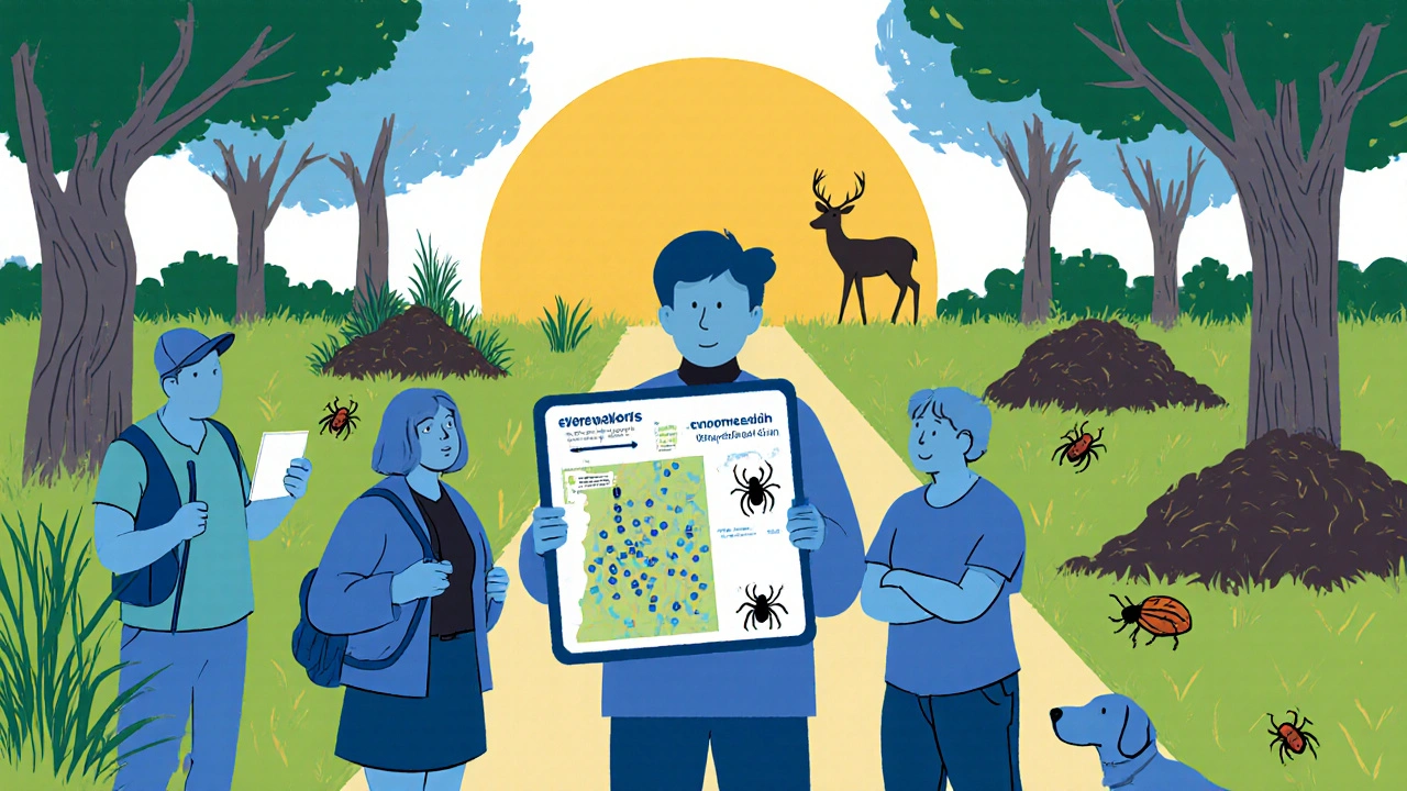 Community park scene showing hikers and farmers discussing tick control with beetles nearby.
