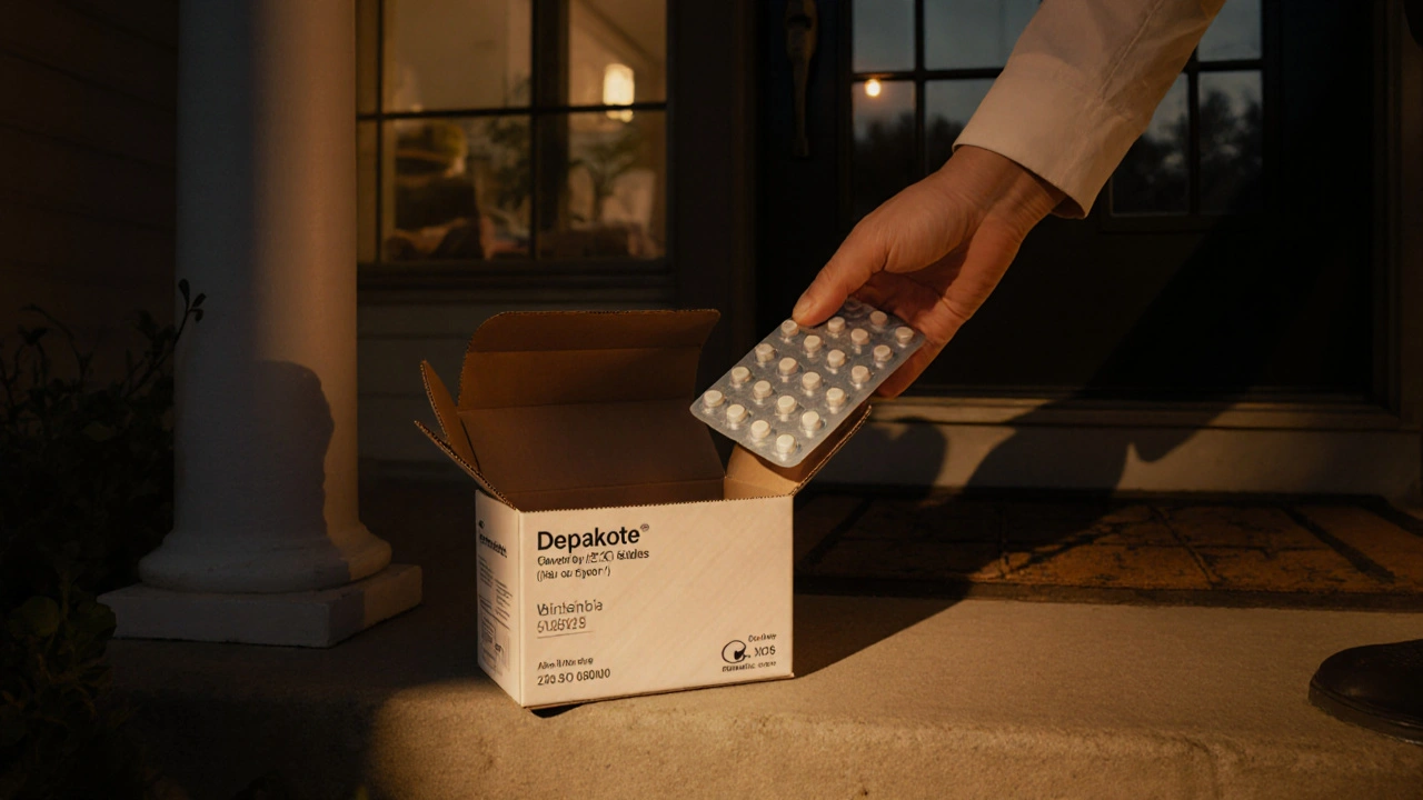 Courier delivers a parcel containing generic Depakote tablets to a home porch.