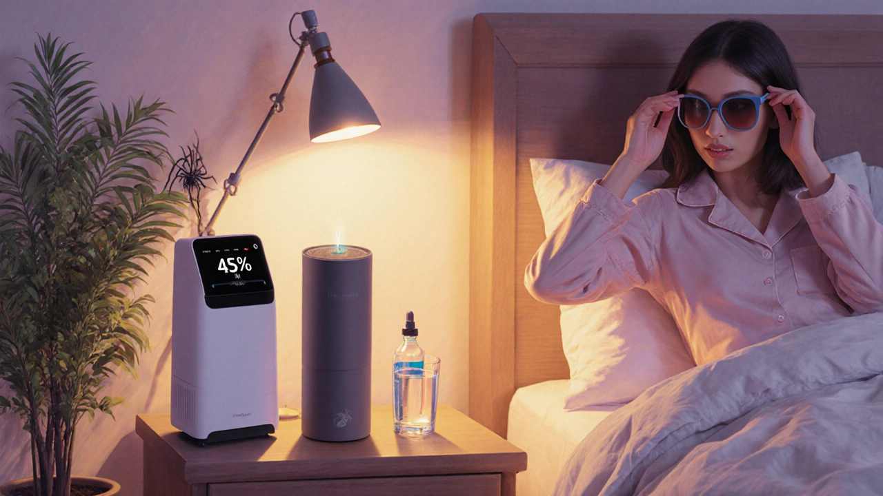 Cozy bedroom showing dehumidifier, hygrometer at 45% RH, eye drops and a person preparing for sleep.