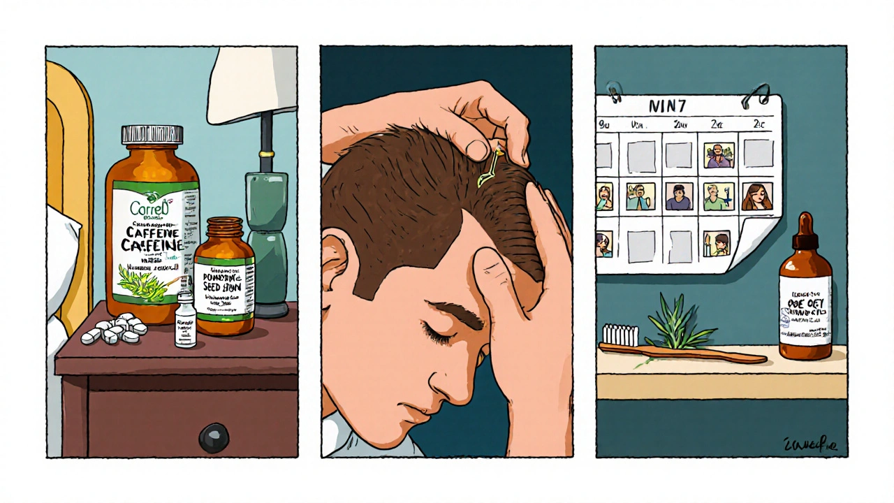 Daily hair‑care routine with supplements, rosemary oil massage, caffeine shampoo, and progress calendar.