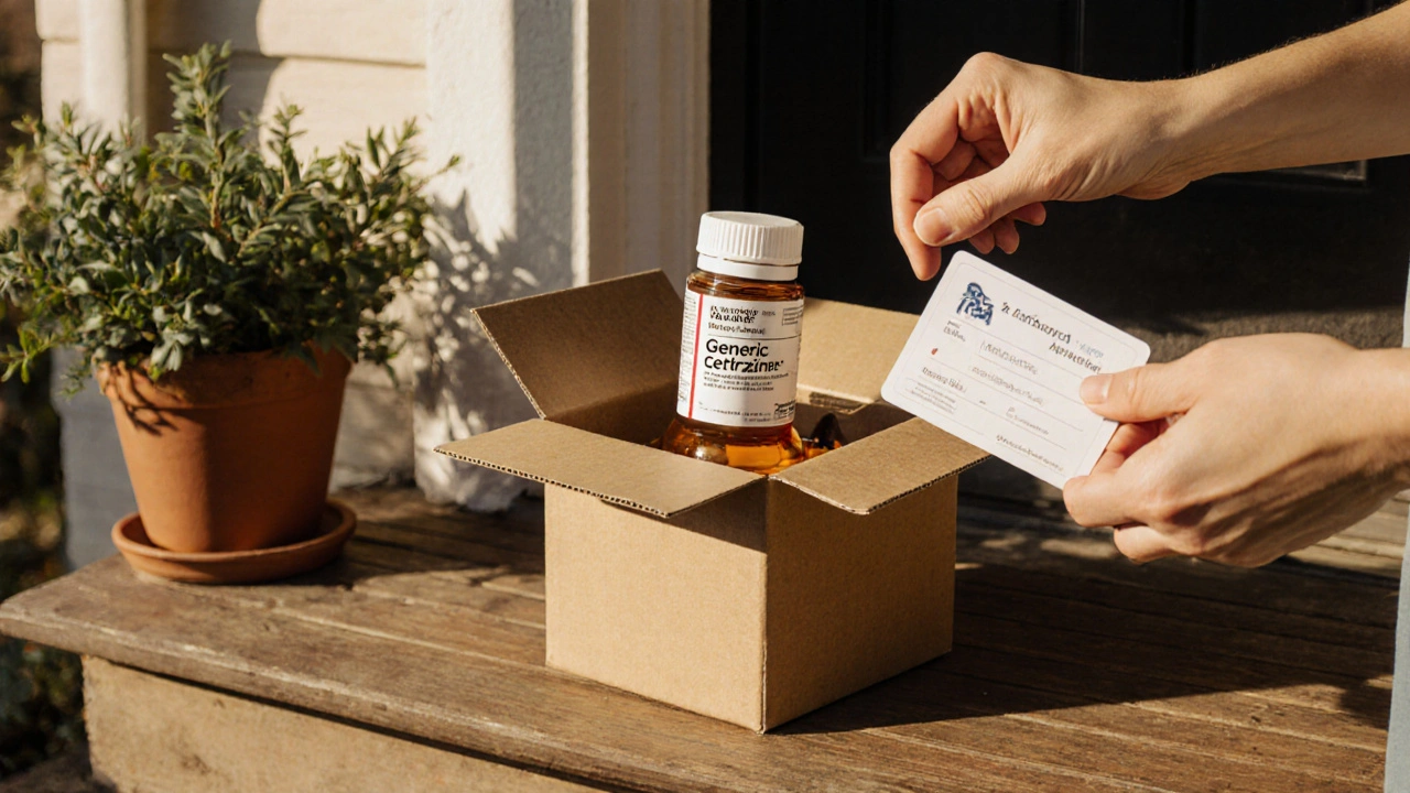 Delivered box open to reveal a bottle of generic cetirizine tablets on a sunny porch.