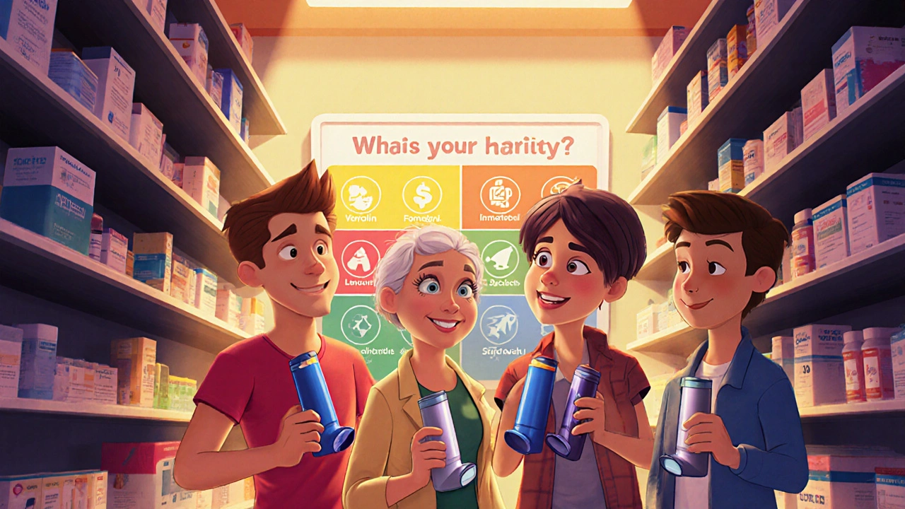 Diverse cartoon characters compare various inhalers in a colorful pharmacy aisle.