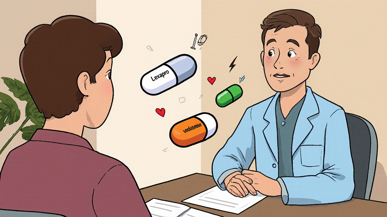 Doctor and patient discussing three floating pill icons with visual cues for side effects.