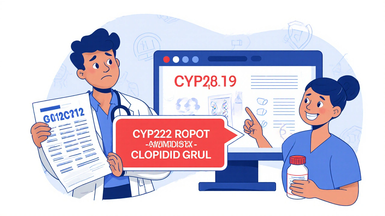 Doctor confused by genetic report while pharmacist points to EHR warning about incorrect medication.