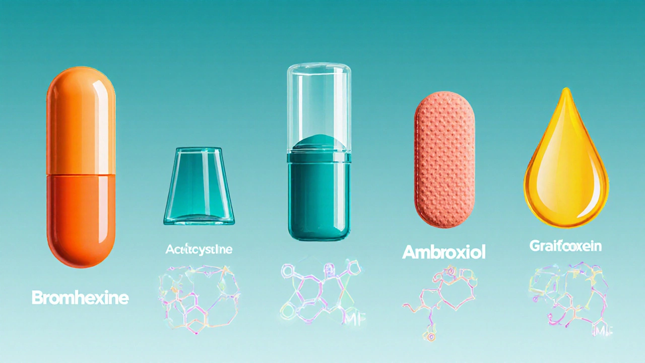 Five different mucolytic forms (capsule, inhaler, tablet, pill, syrup) displayed together.