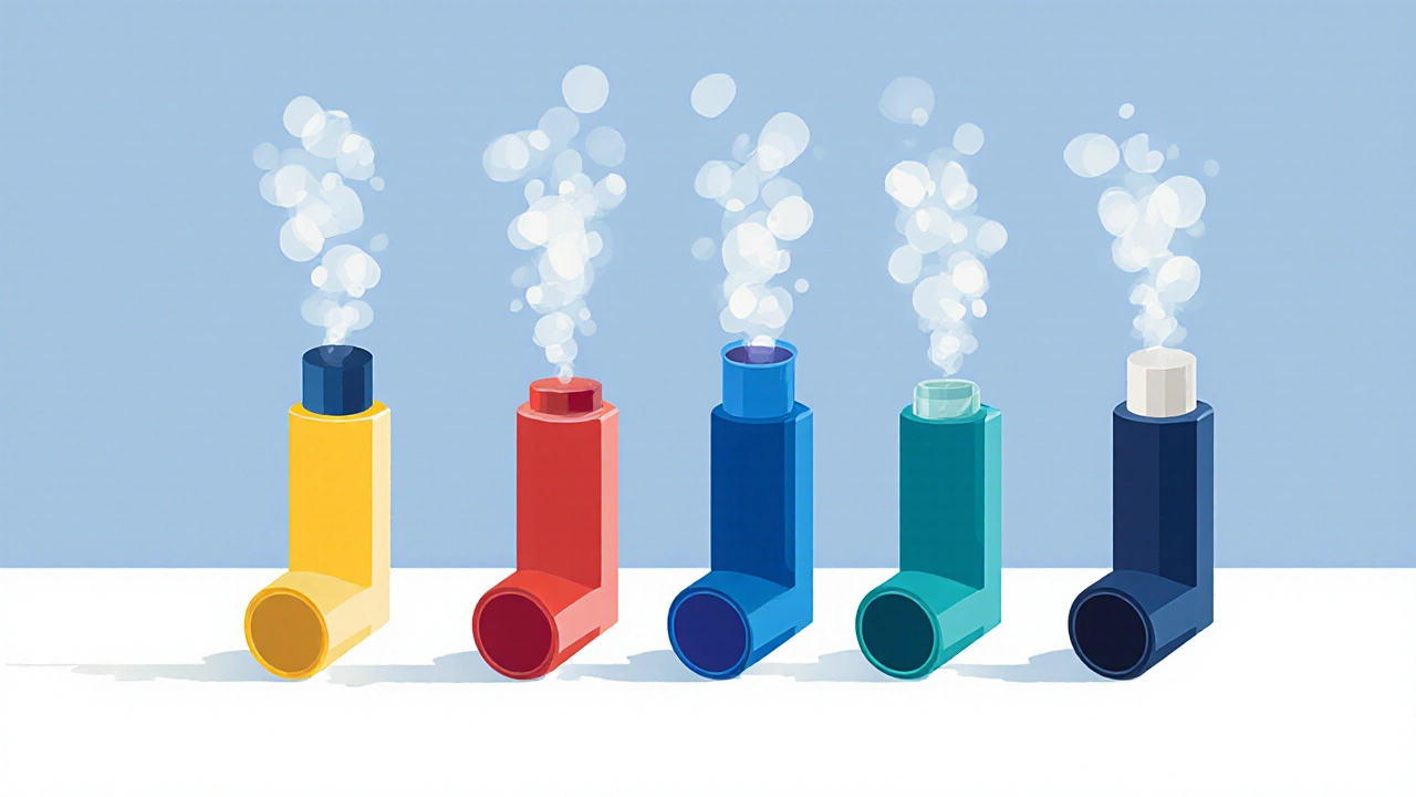Flat illustration of six different inhalers lined up with colored glows.