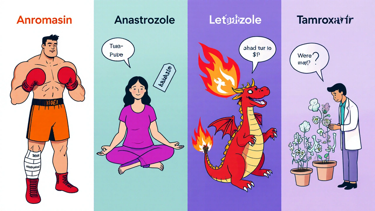 Four drug characters illustrate side‑effects: joint pain, low cost, hot flashes, bone health.