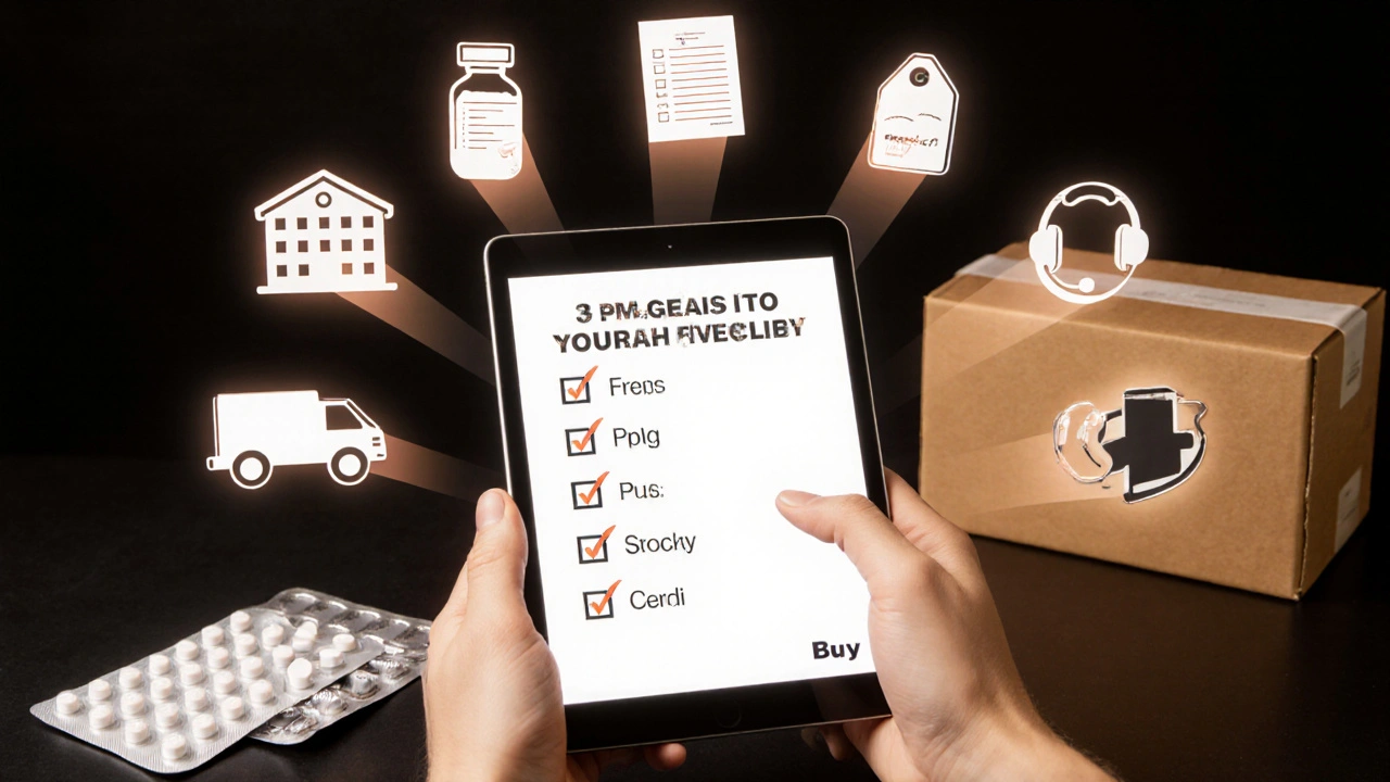 Hand holding tablet with icons for pharmacy checklist, pills, and shipping.