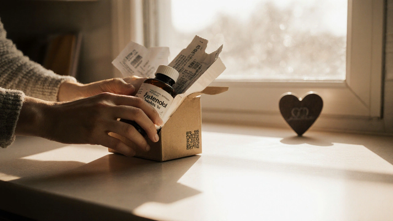 Hands opening a delivery box revealing atenolol tablets in a warm kitchen setting.