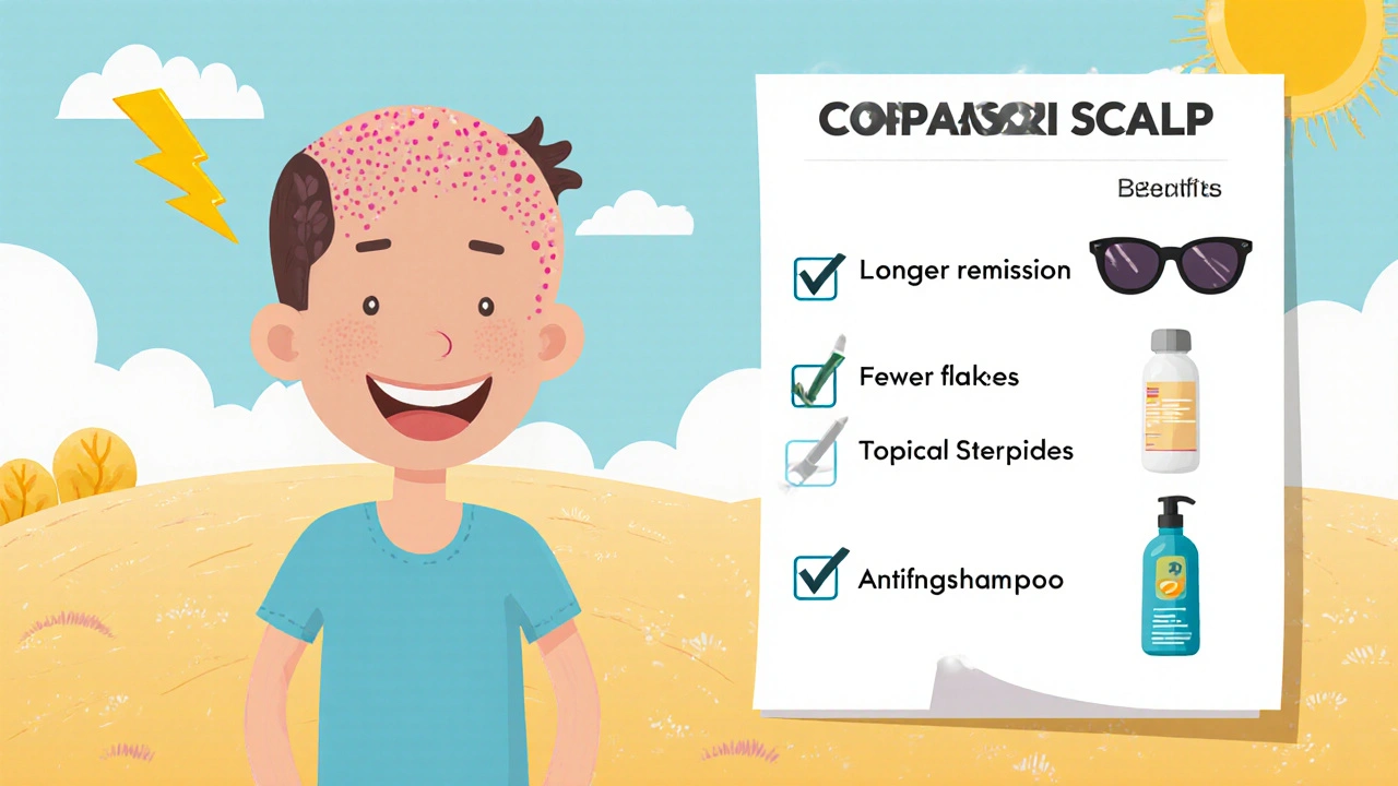 Happy person with clear scalp and icons showing treatment benefits and options.