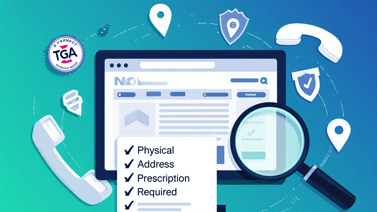 Illustration of a monitor with pharmacy icons and verification symbols around it.