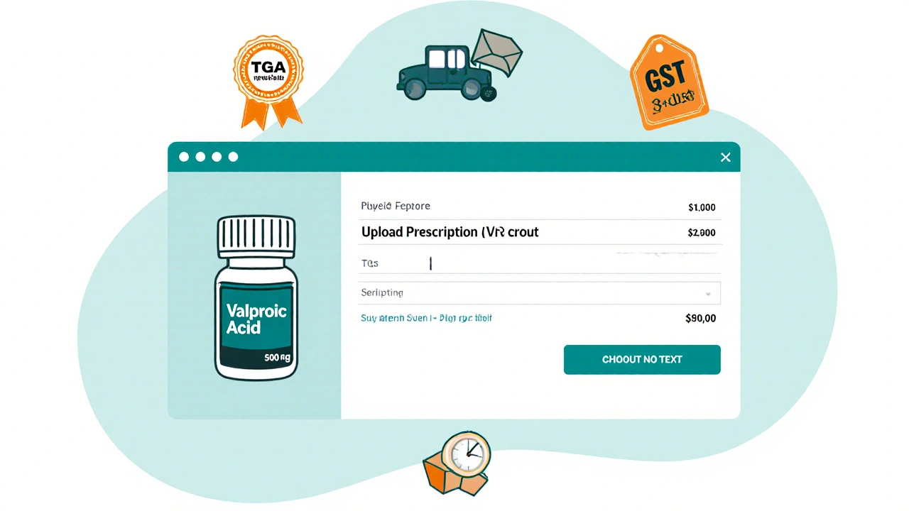 Illustration of a pill bottle with safety icons for prescription upload and TGA approval.