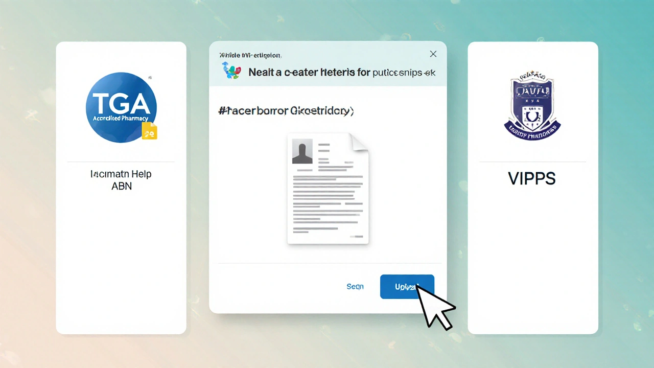 Illustration of verification icons: ABN, TGA logo, prescription upload, and badges.