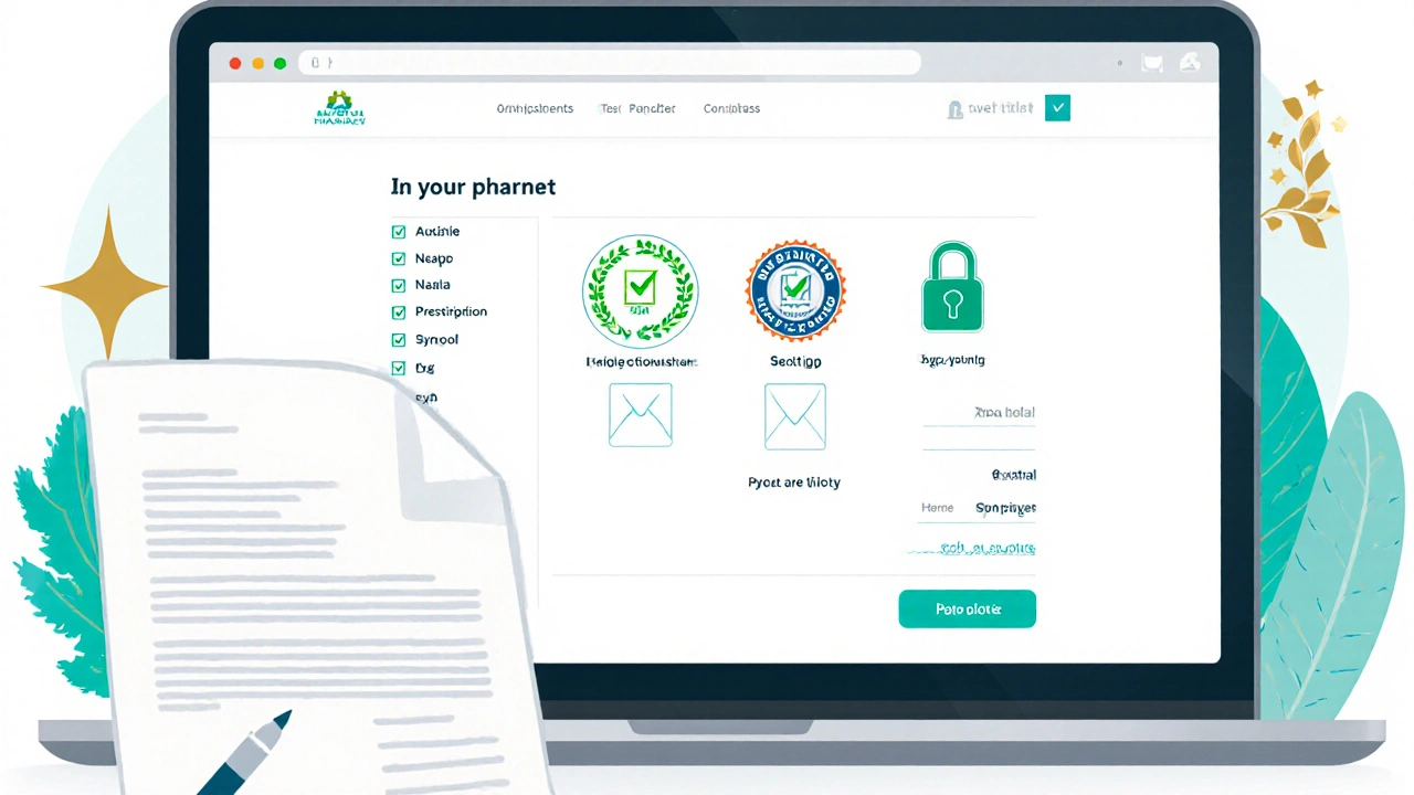 Laptop screen showing pharmacy safety checklist icons and a prescription upload.