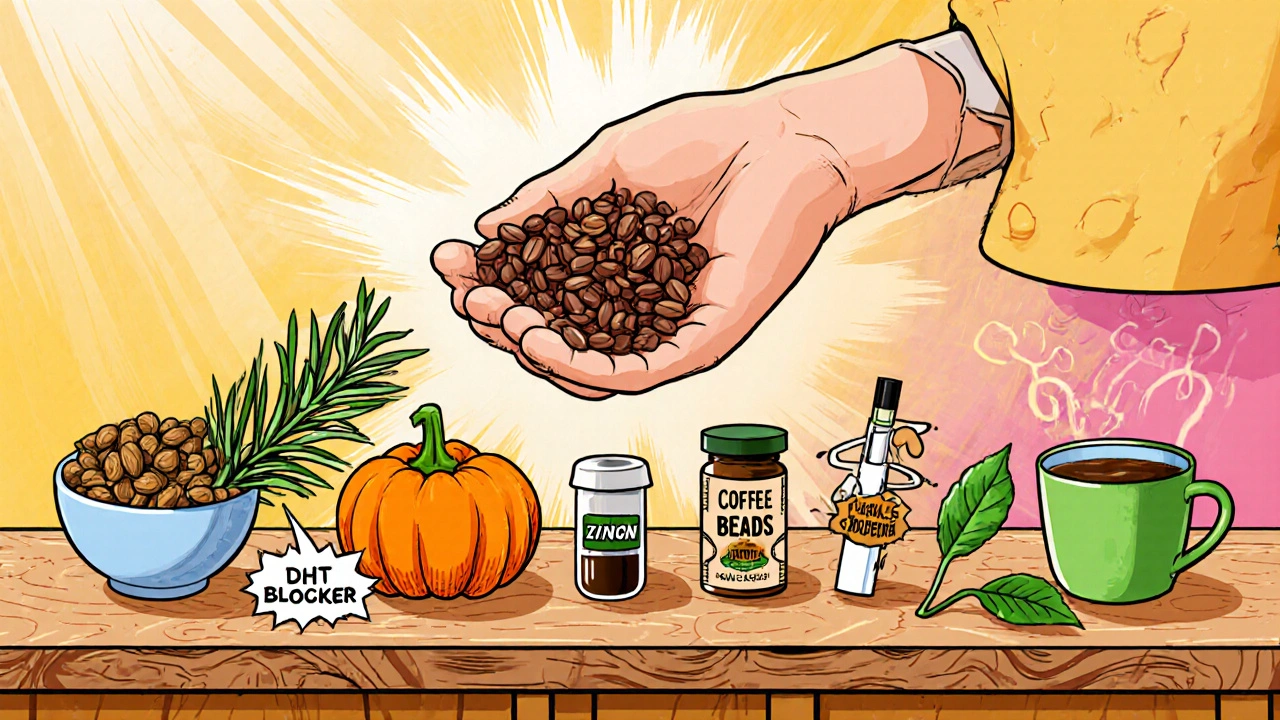 Lineup of natural ingredients like saw palmetto, pumpkin seeds, rosemary, caffeine, biotin, zinc, and green tea.