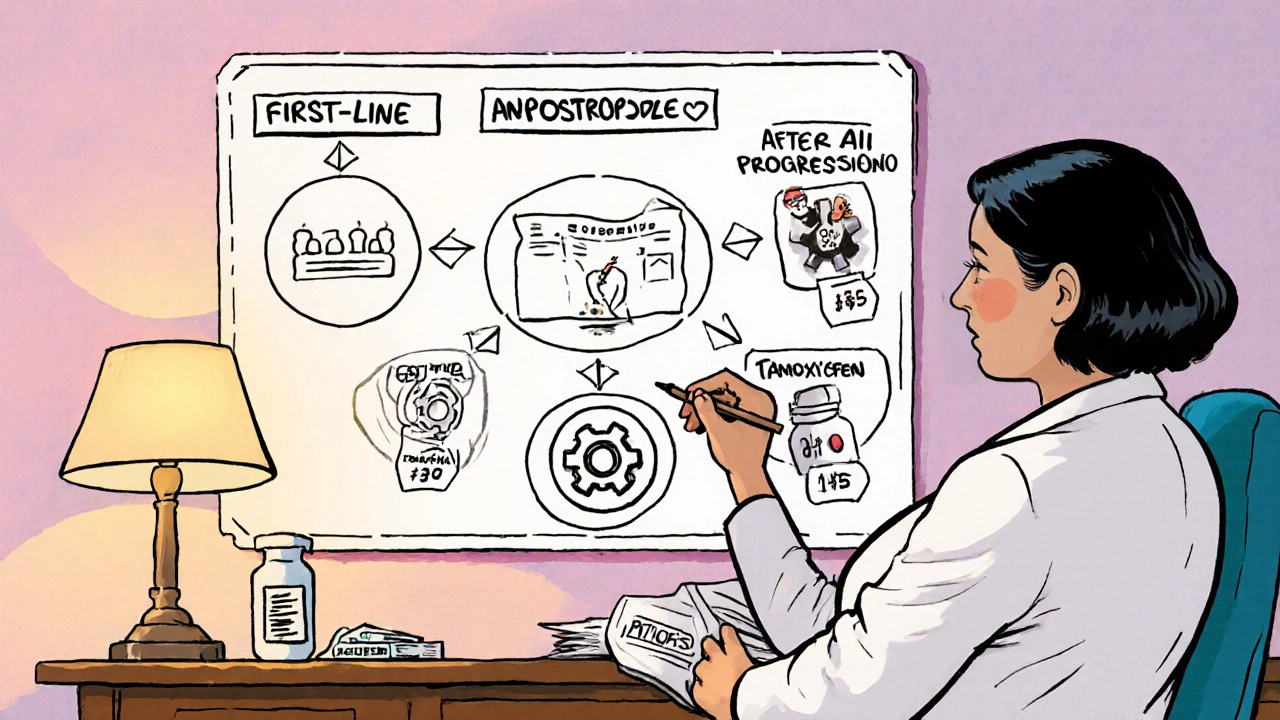 Oncologist shows a flowchart to a patient, highlighting therapy choices and costs.