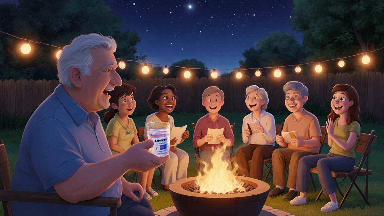 Outdoor fire‑pit gathering of diverse adults laughing, with a pill beside a glass of water.