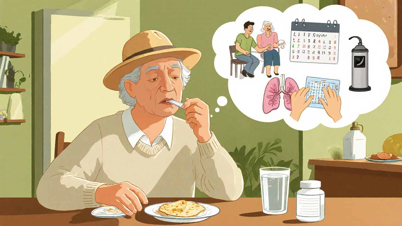 Patient taking pirfenidone capsules at home while managing side effects and exercising.