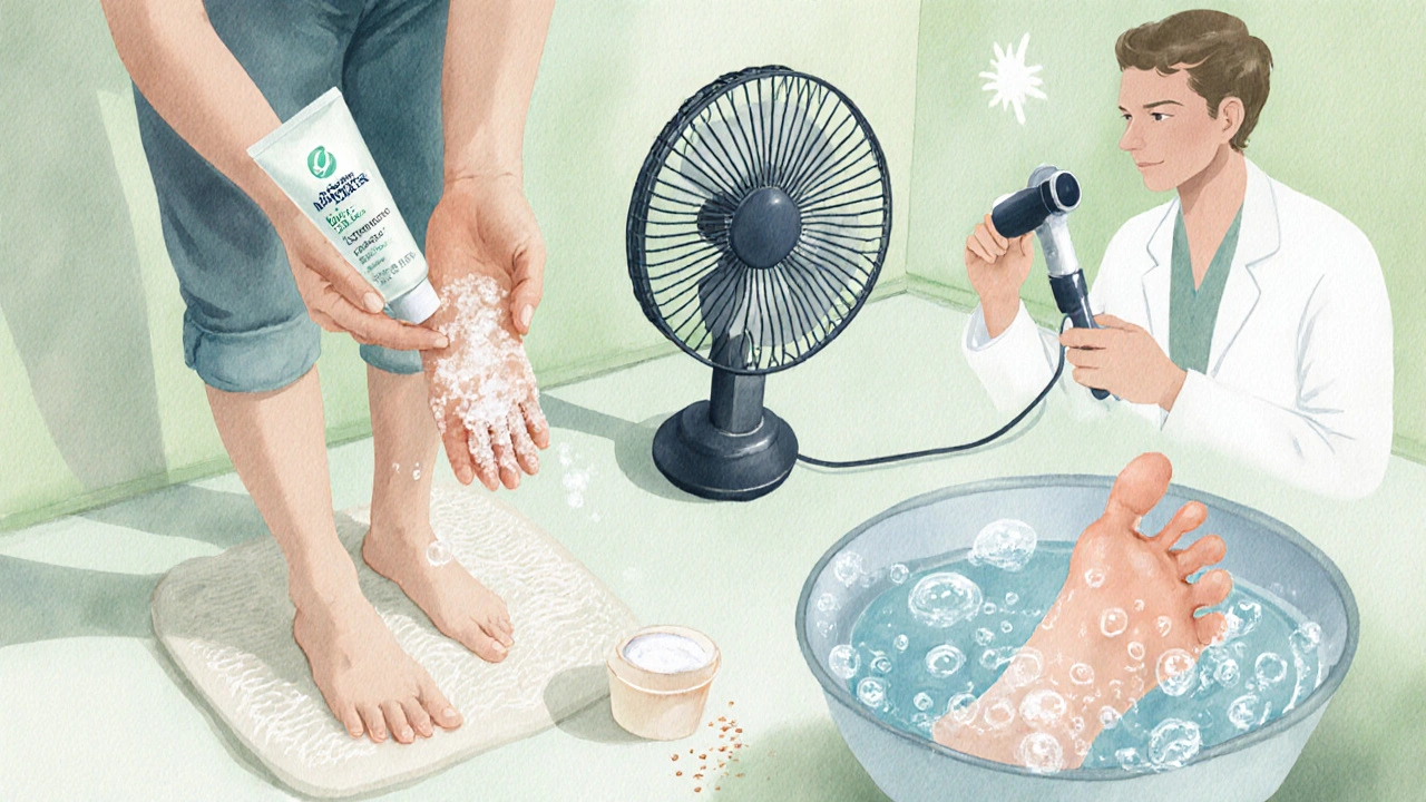 Person applying moisturizer, washing foot, and doctor examining skin in a calm bathroom.