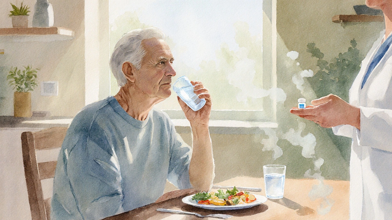 Person drinking water after a meal with cleared mucus and subtle medical guidance.