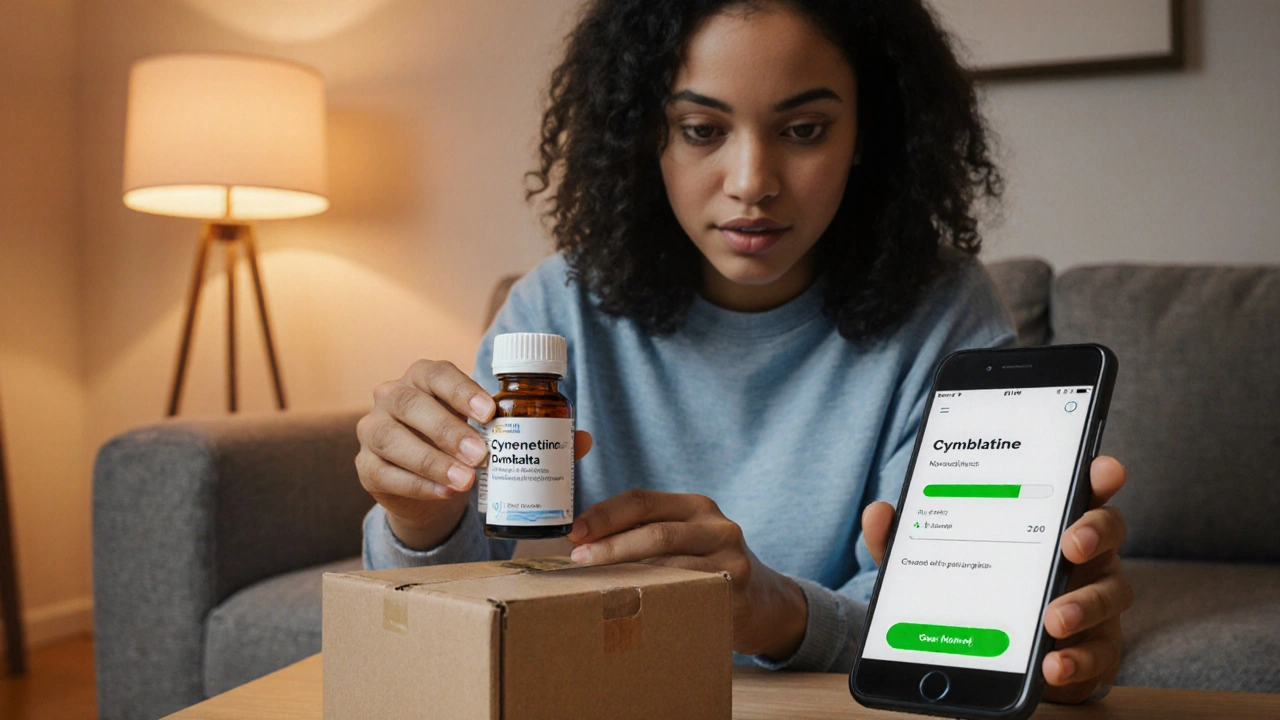 Person opening a package with medication bottle and phone tracking screen.