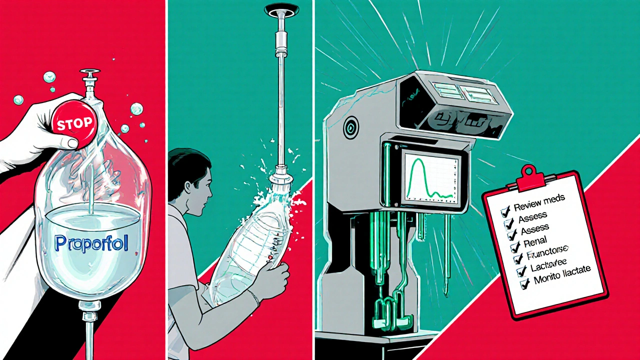 Sequential panels show stopping a drug, giving fluids, dialysis, and a checklist for treatment.