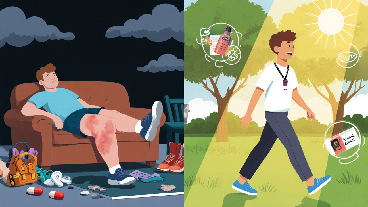 Split scene: person in pain vs. person walking happily with statin alternatives as symbols.