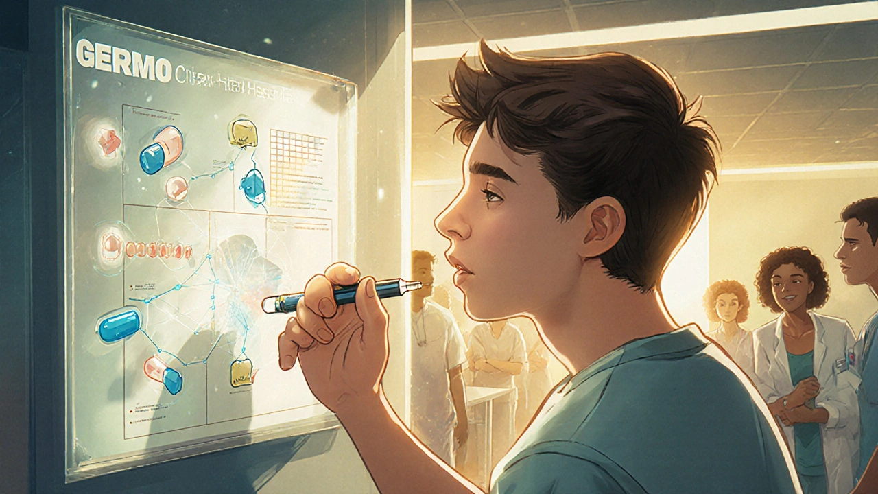 Teen getting cheek swab for genetic test, holographic medical profile glowing with drug icons around them.