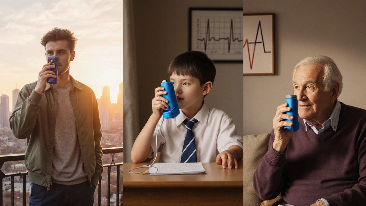 Three people (young adult, child, older adult) using appropriate inhalers in daily life.