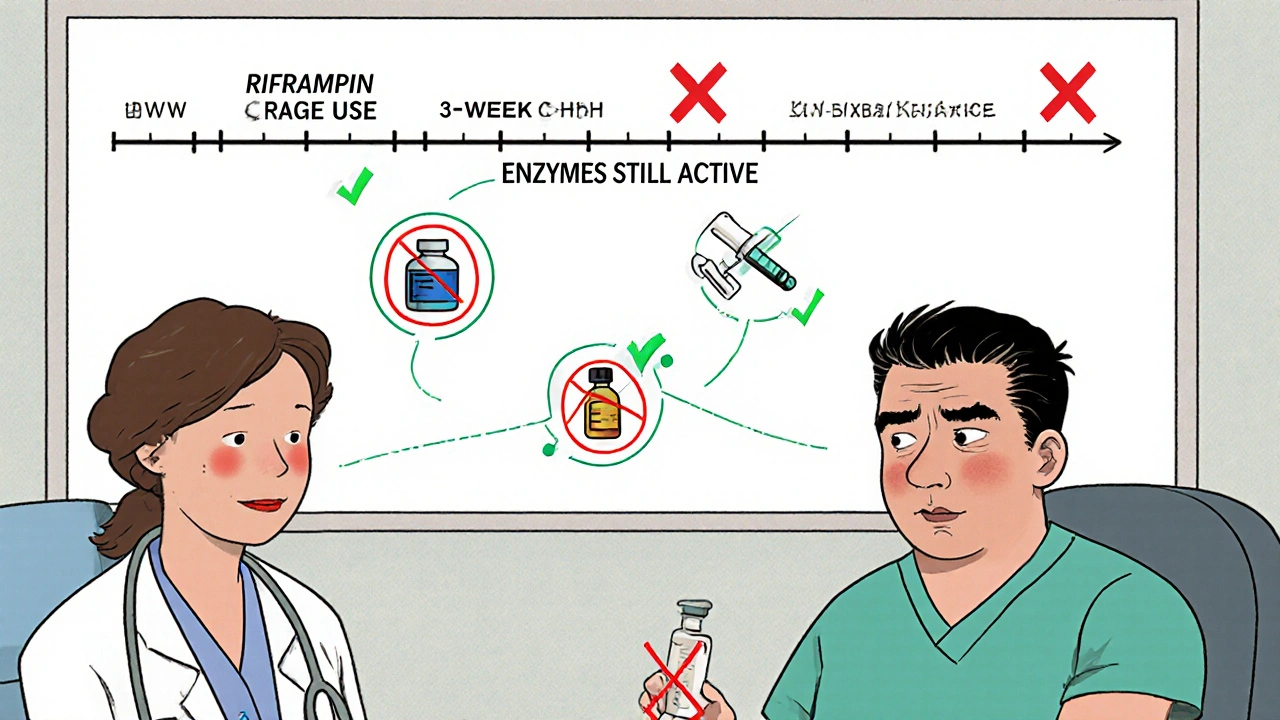 Timeline showing rifampin&#039;s lingering effects and safer alternatives like LMWH syringes.
