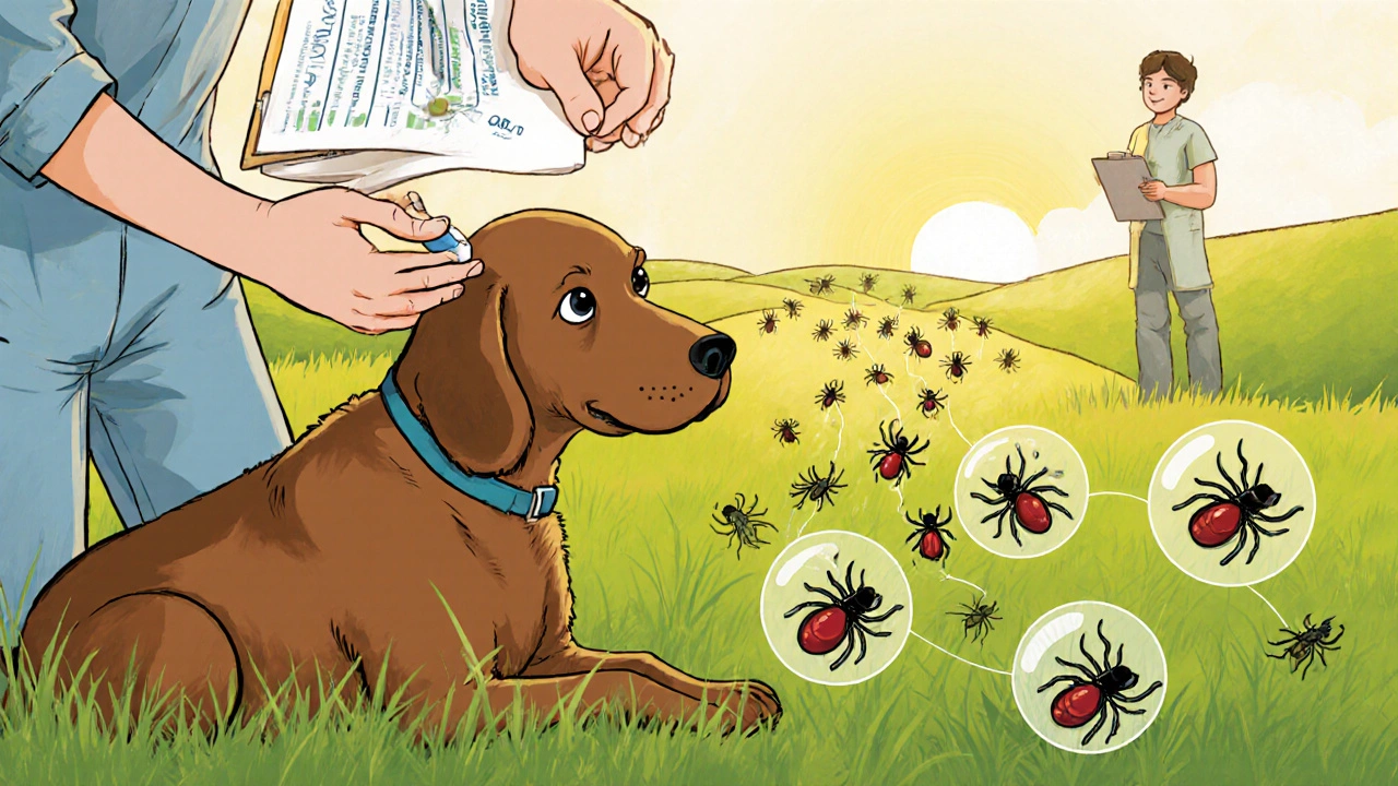 Veterinarian giving a dog ivermectin as cartoon ticks fall away on a meadow.