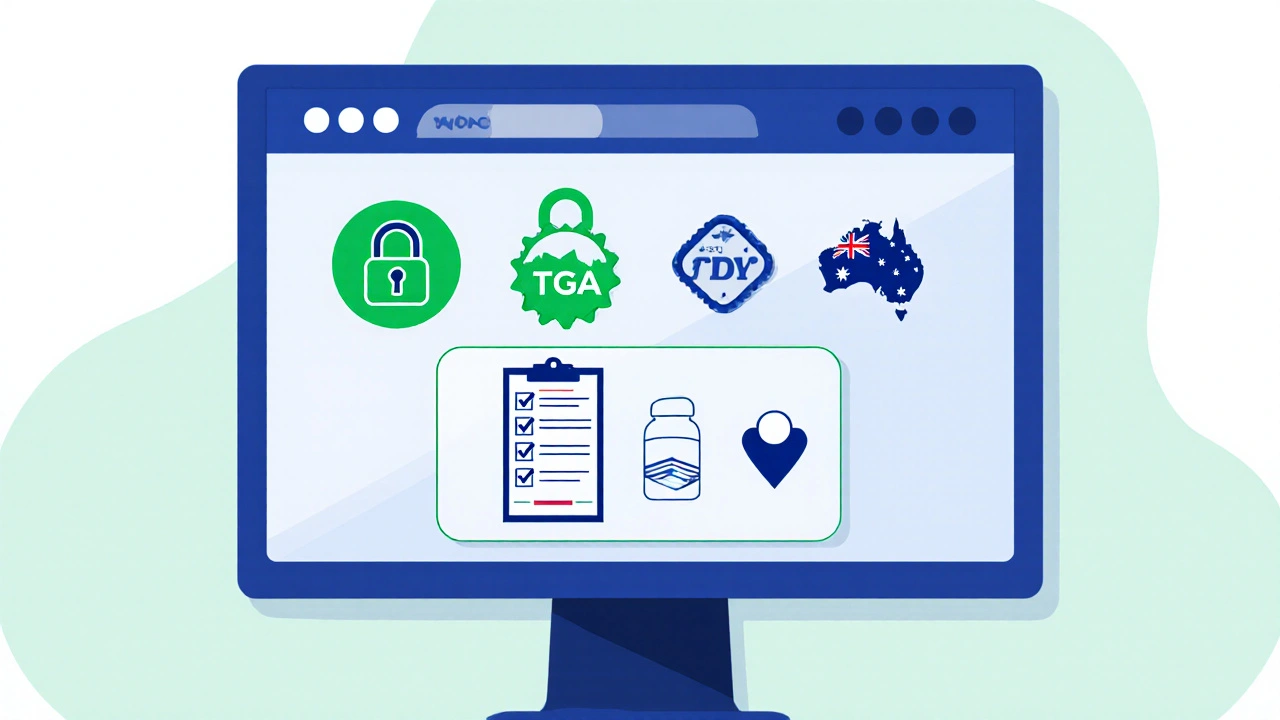 Website footer showing security icons, TGA badge, and verification checklist elements.
