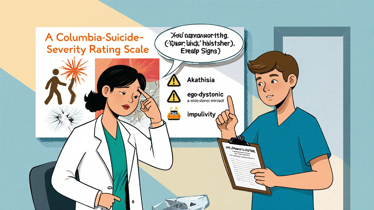 A doctor and patient discussing warning signs of drug-induced suicidal thoughts in a clinic setting.