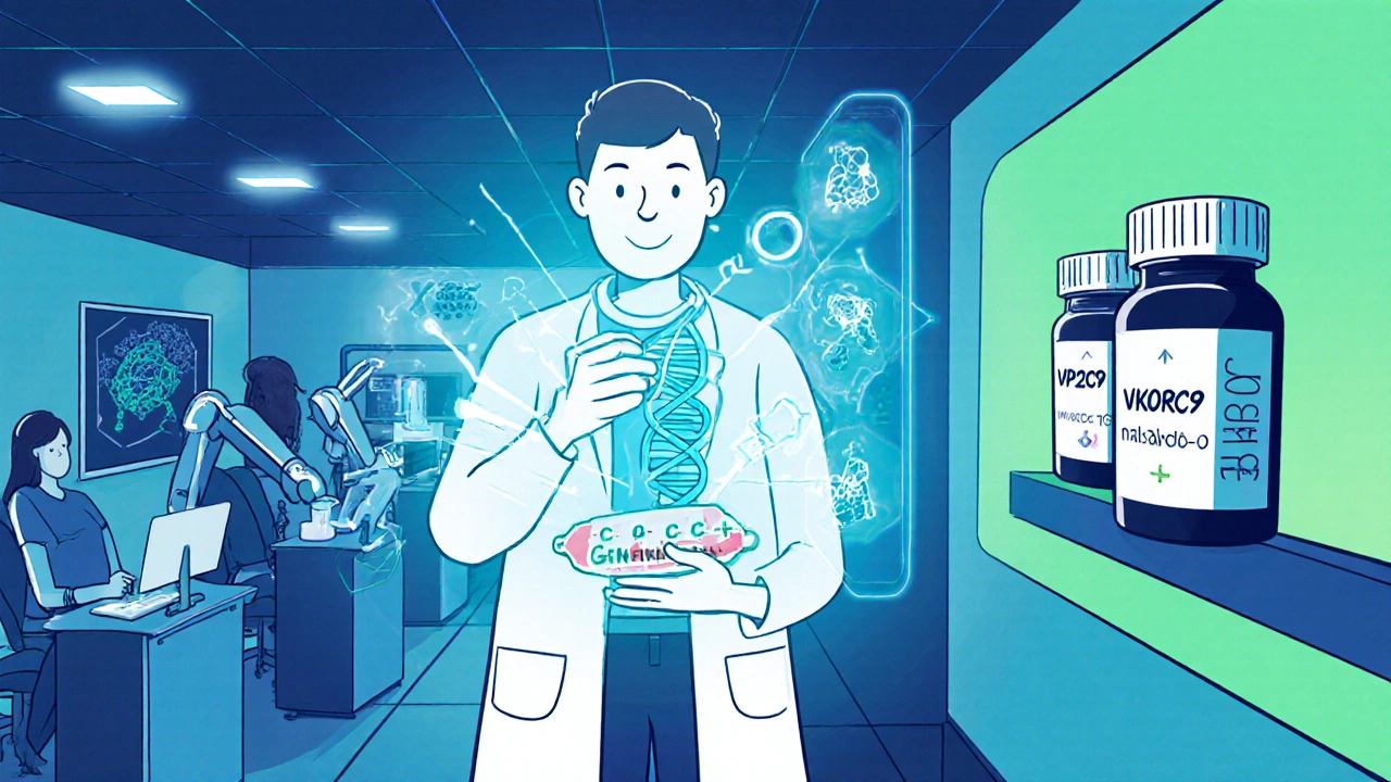 A doctor holds a genetic test that projects a DNA map, adjusting medication dosage automatically in a high-tech clinic.