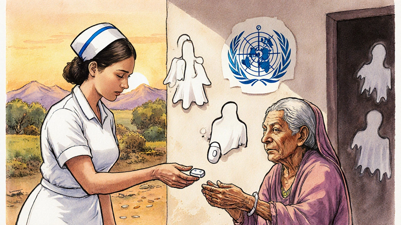 A nurse gives a single FDC pill to a patient in a rural clinic, with four separate pills fading away.
