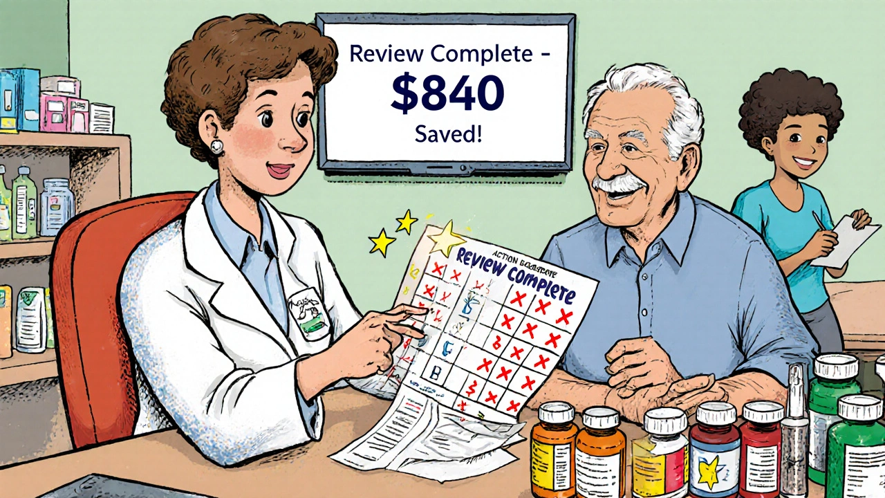 A pharmacist and senior reviewing medications at a pharmacy counter with a printed action plan.